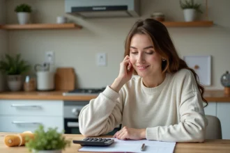 Jeune femme en cuisine convertissant des grammes en centilitres