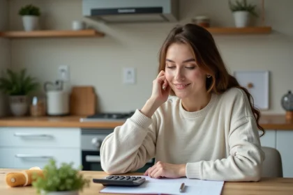 Jeune femme en cuisine convertissant des grammes en centilitres