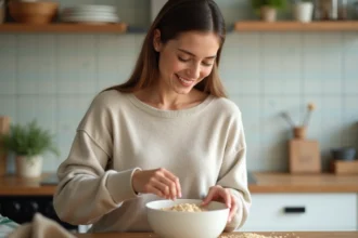 Femme souriante préparant des flocons d'avoine dans la cuisine