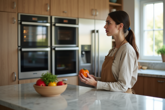 Femme comparant four convection et traditionnel dans une cuisine moderne