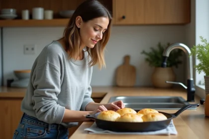 Jeune femme cuisine pain maison dans une cuisine moderne