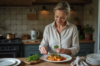 Femme souriante saupoudrant de persil sur un plat de paupiette