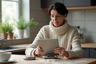 Femme moyenne age pese de la farine dans la cuisine