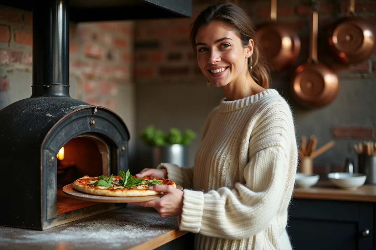 Femme en pull en laine sortant une pizza courgette tartiflette du four dans une cuisine rustique
