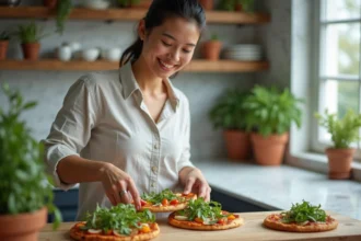 Femme souriante préparant une pizza végétale dans une cuisine lumineuse