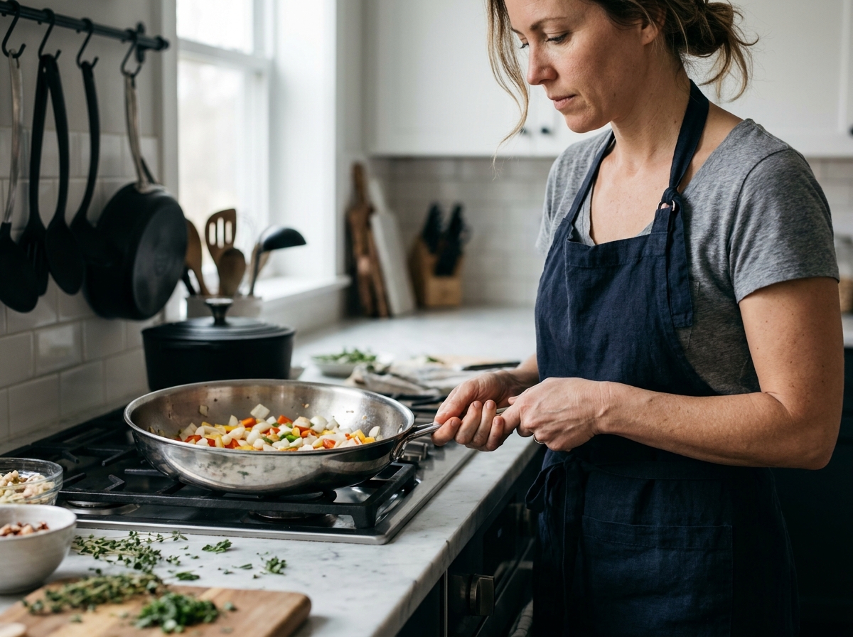 Femme cuisinant avec une poêle inox et faisant sauter des légumes dans une cuisine semi-professionnelle