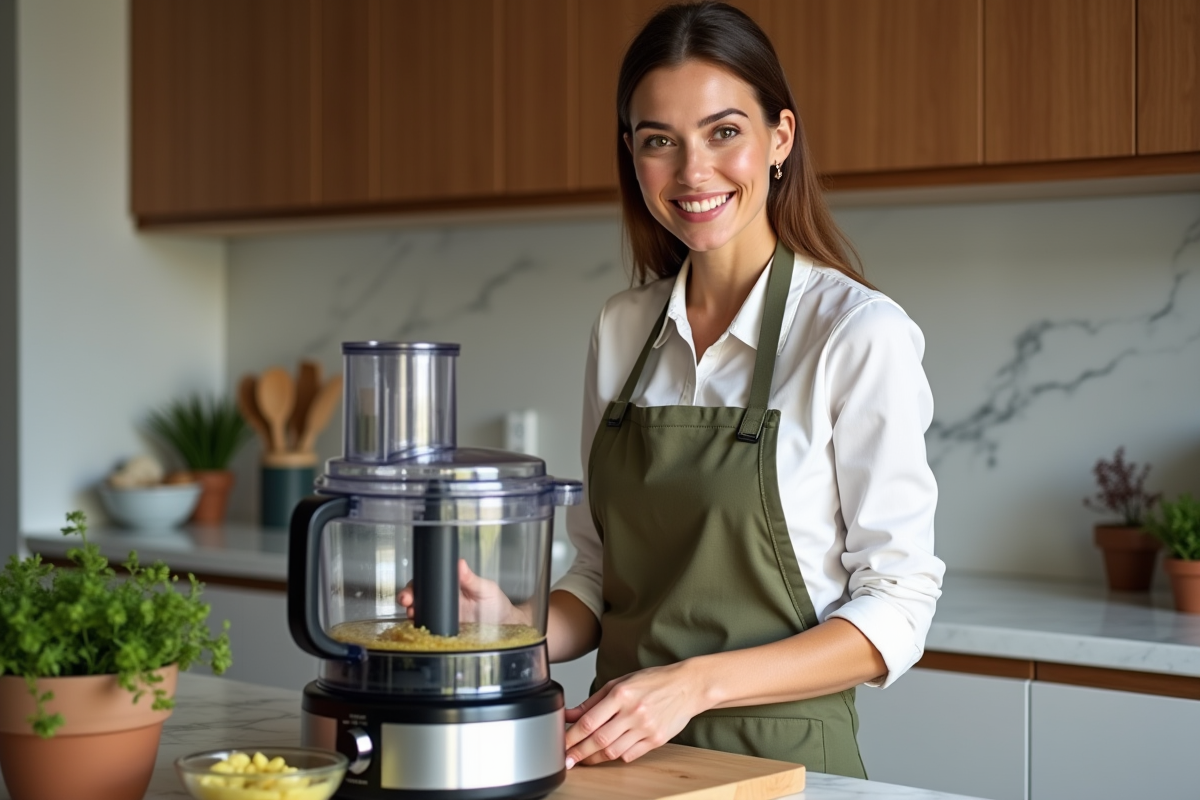 Femme souriante en cuisine moderne avec robot multifonction