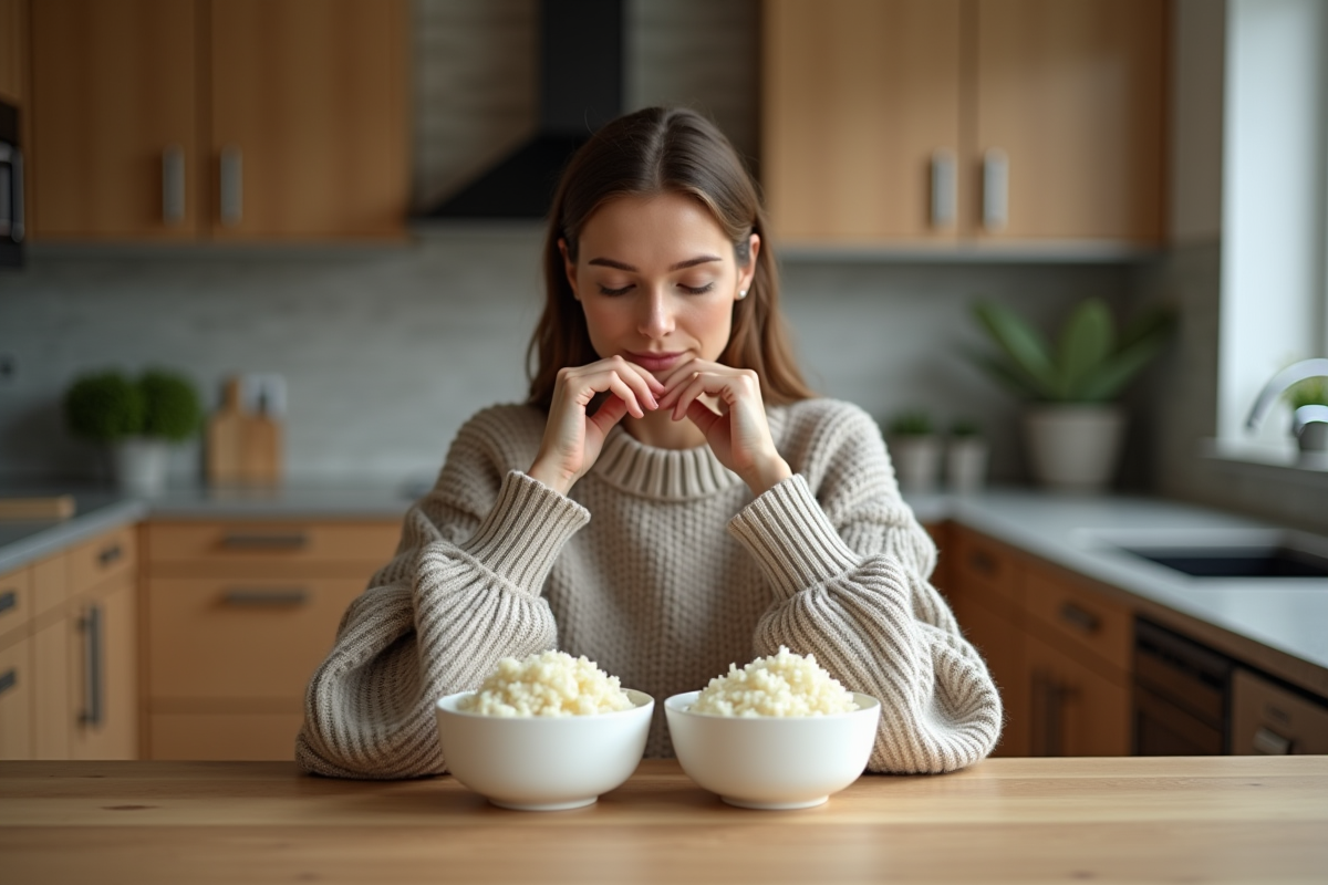 Jeune femme examine un bol de riz de chou-fleur à la maison