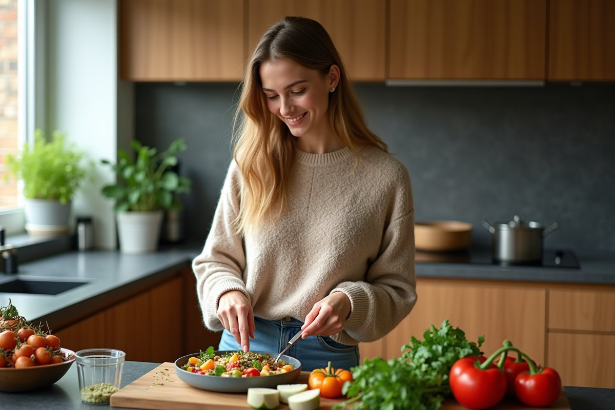 Jeune femme préparant une salade fraîche dans la cuisine