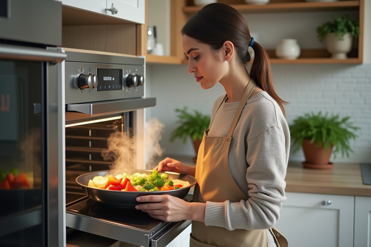 Jeune femme vérifiant légumes vapeur dans un four moderne