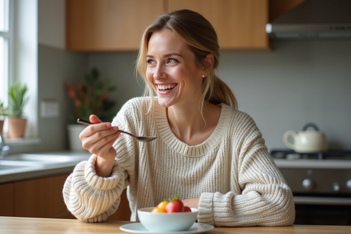 Femme souriante dégustant un dessert dans une cuisine chaleureuse