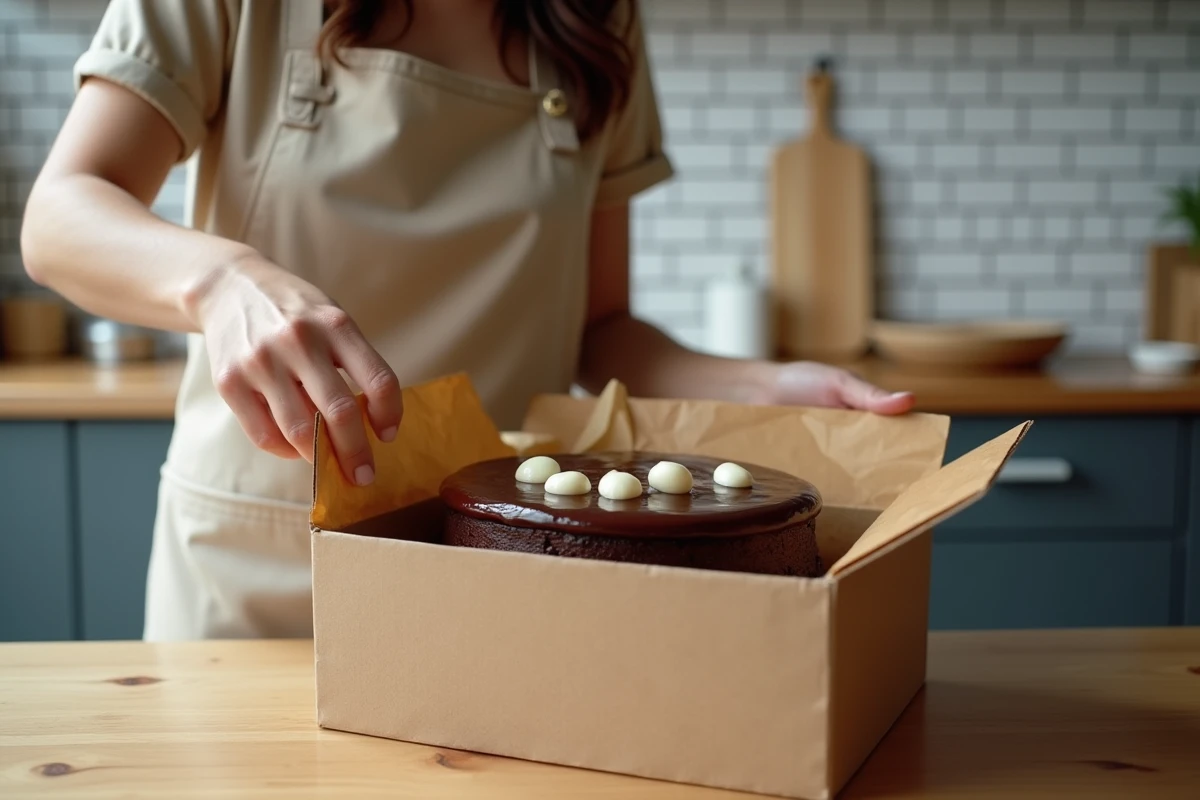 Femme plaçant un gâteau trois chocolats dans une boîte de transport en carton dans une cuisine moderne