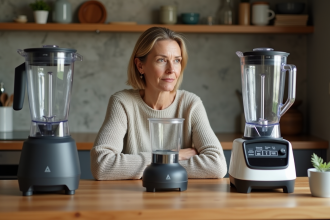 Femme moyenne âge examinant trois blenders dans une cuisine moderne