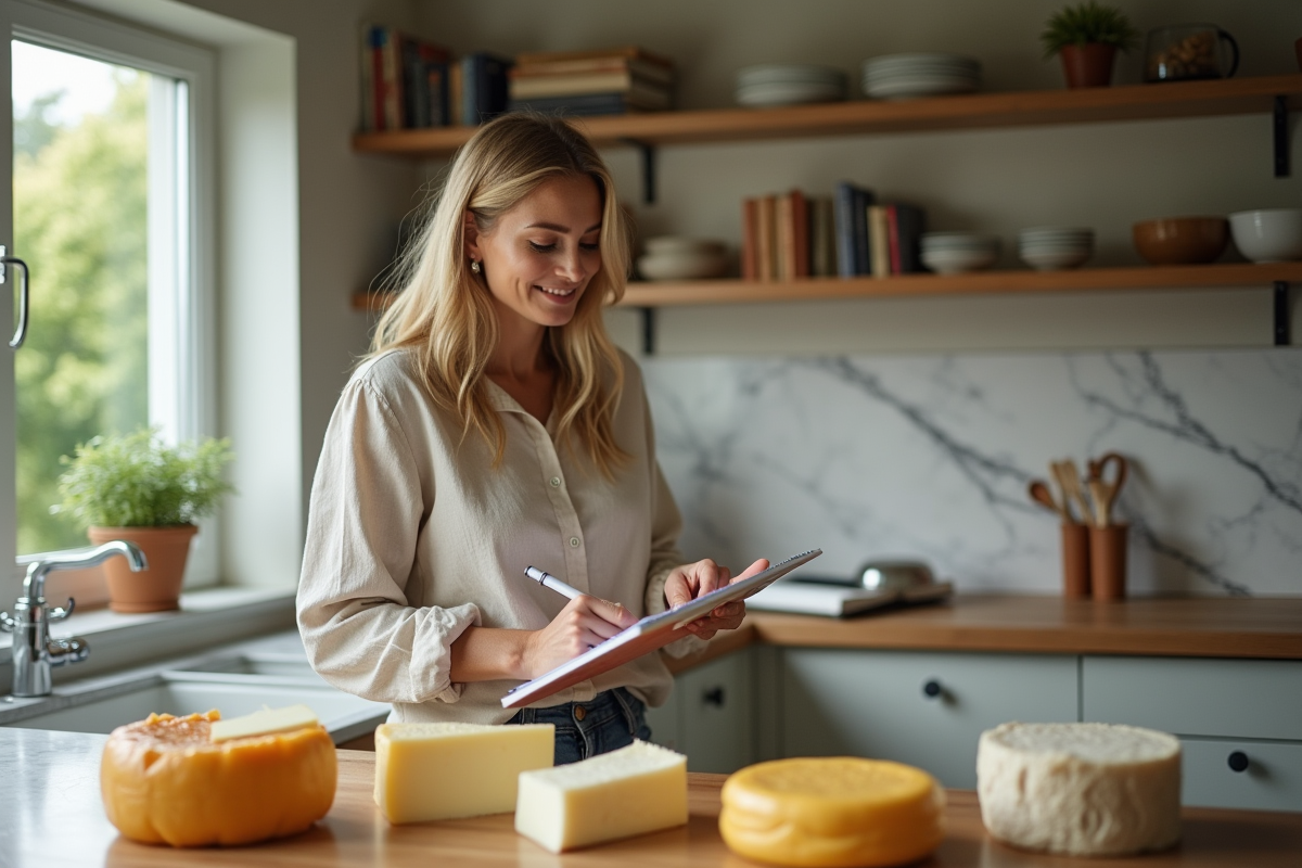 Femme examinant différents fromages dans une cuisine moderne
