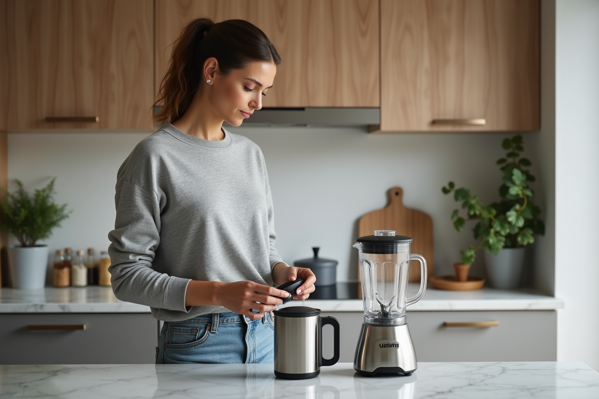 Femme comparant un blender classique et un mixeur compact dans la cuisine
