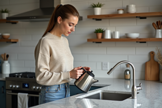 Femme dans la cuisine remplissant une bouilloire électrique