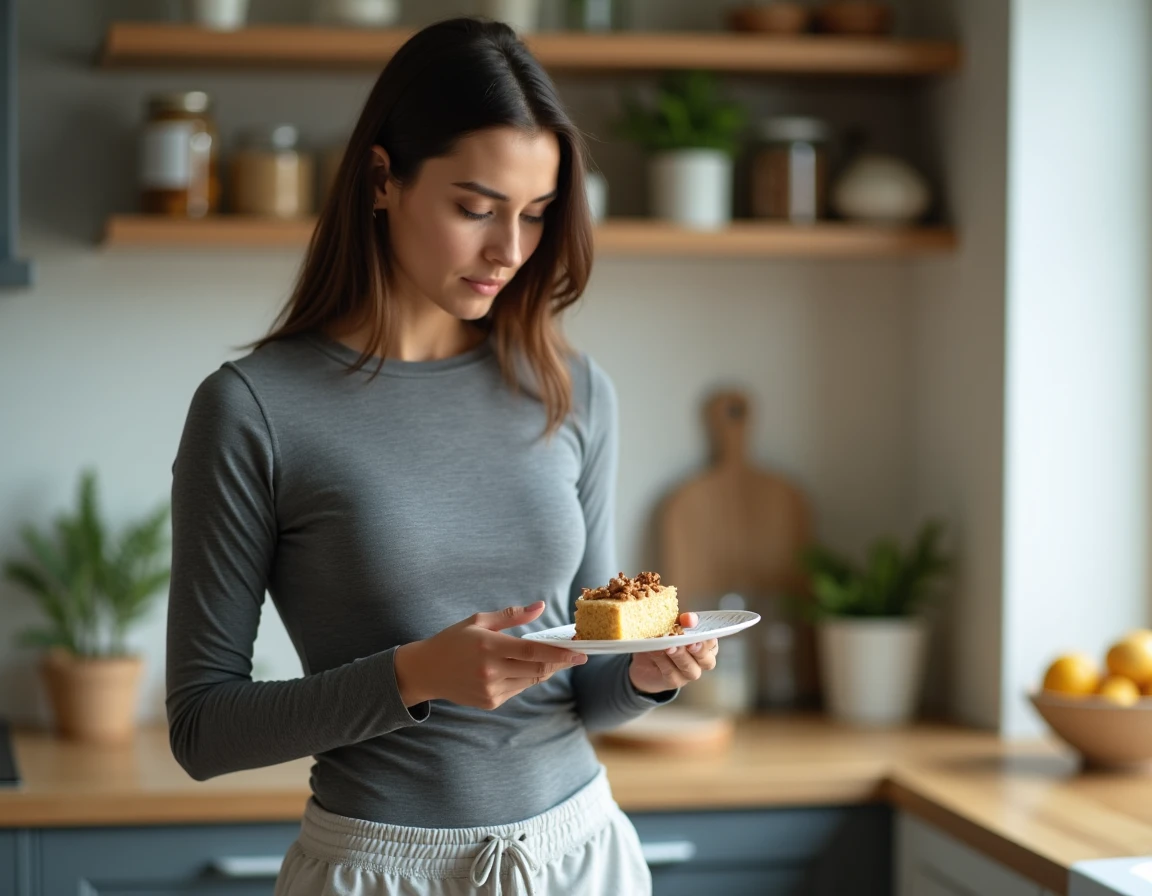 Femme lisant l'étiquette nutritionnelle d'un gâteau industriel peu calorique dans une cuisine moderne pour suivre son régime