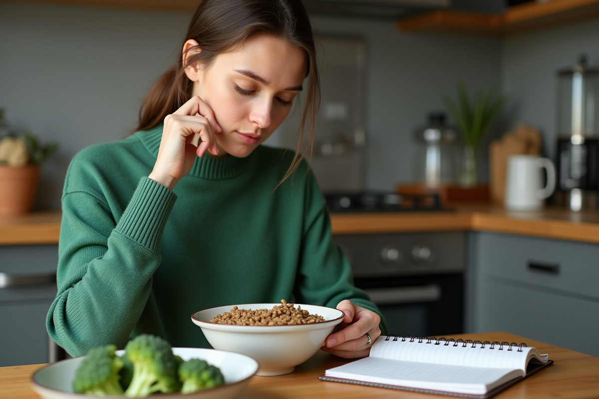 Jeune femme compare lentilles et brocolis dans la cuisine