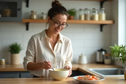 Femme préparant mayonnaise maison dans une cuisine lumineuse