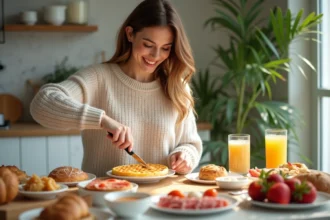 Femme souriante dégustant une gaufre au brunch dans une cuisine lumineuse