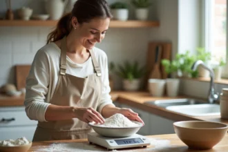 Femme en tablier mesure la farine dans une cuisine lumineuse