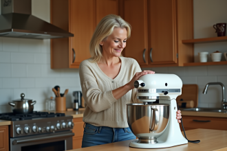 Femme d'âge moyen nettoyant un robot pâtissier dans la cuisine