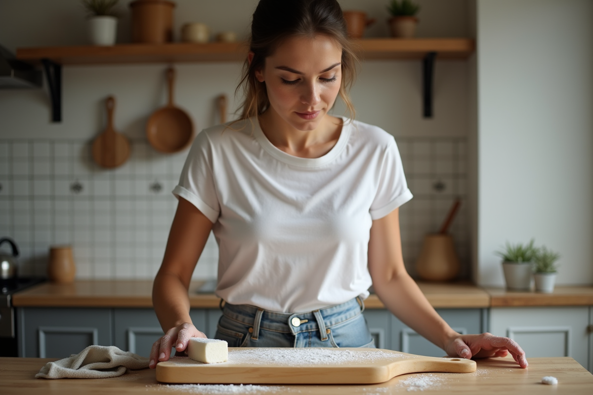 Femme en blanc nettoyant une planche en bois dans la cuisine