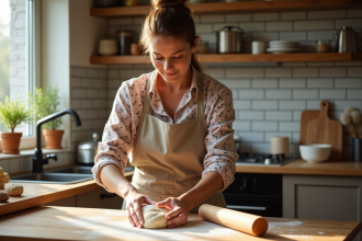Femme en tablier pétrissant la pâte à la main dans une cuisine chaleureuse