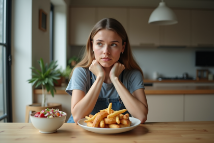 Jeune femme réfléchissant devant un plat de pâtisseries