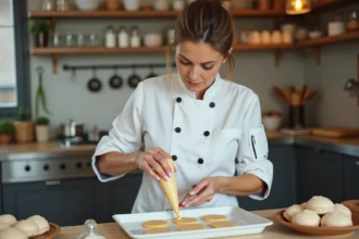 Femme en blouse blanche pipant des macarons dans une cuisine chaleureuse