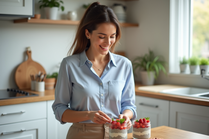 Femme préparant un pudding aux fruits dans une cuisine moderne