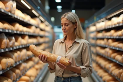 Femme examinant le prix d'une baguette emballée dans le rayon pain d'un supermarché