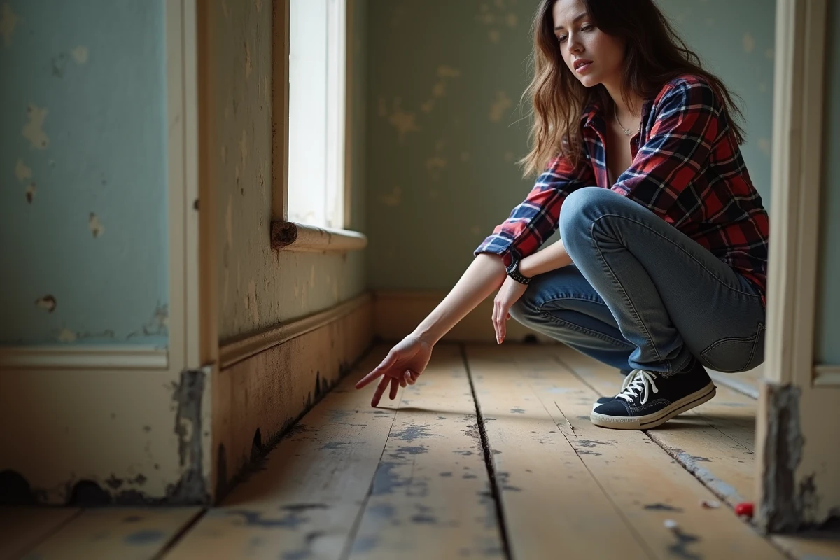 Jeune femme pointant un sol en bois moisi à la maison