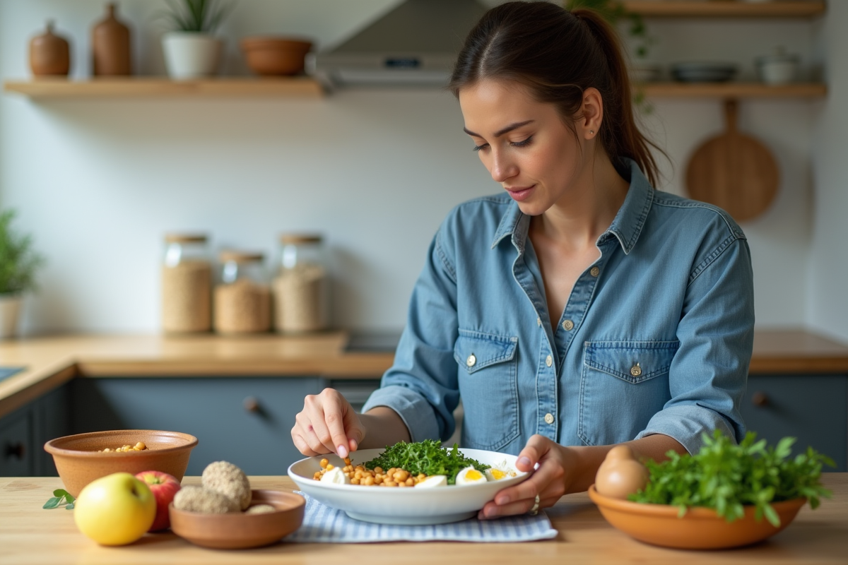 Jeune femme en cuisine avec aliments sains et faibles calories