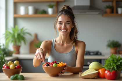 Femme souriante dans la cuisine saine et lumineuse
