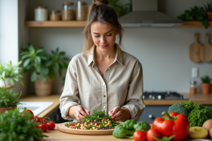 Femme préparant une salade colorée avec légumes frais