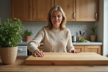 Femme touchant un planche en bois dans une cuisine chaleureuse