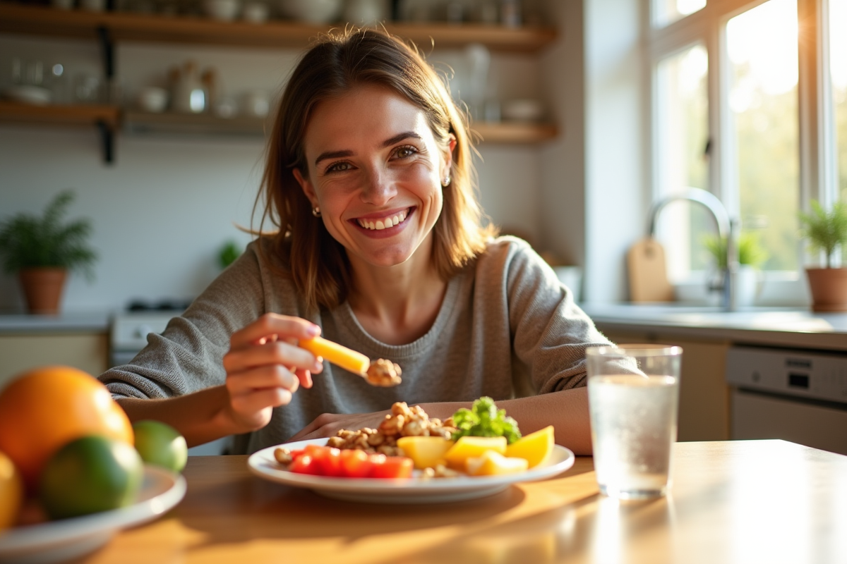 Femme souriante mangeant un plat de fruits frais et noix