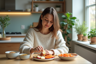 Femme assise à la cuisine préparant un plateau de snacks sains