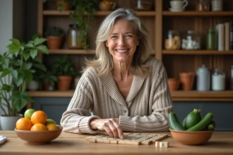 Femme souriante jouant au Scrabble avec des noms de fruits et légumes en Z