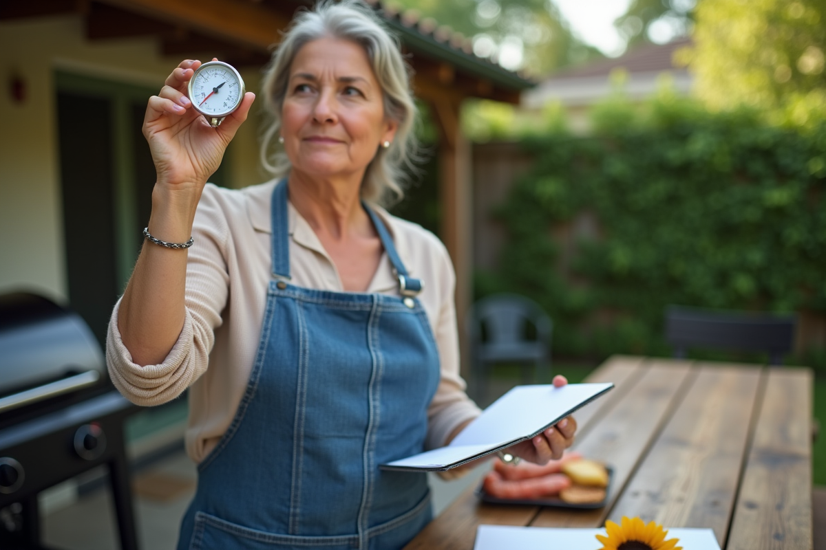 Femme avec thermometre analogique lors d’un barbecue en extérieur