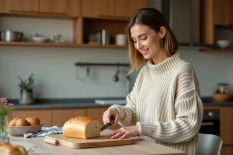 Femme tranchant un pain keto fait maison dans une cuisine lumineuse