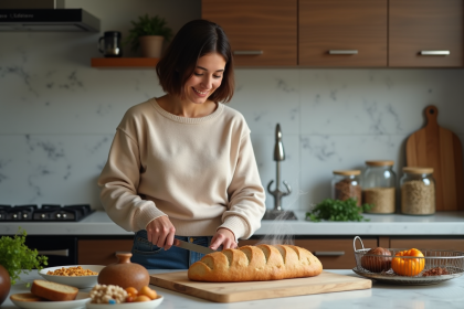 Femme souriante tranchant un pain keto dans la cuisine
