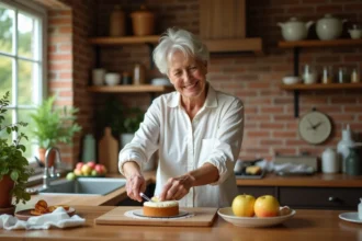 Femme tranche un gâteau maison au yaourt et pommes