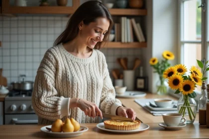 Femme en cuisine coupe une tarte aux poires fraîche