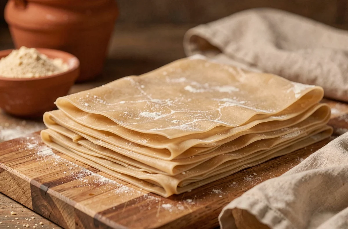 Feuilles de brick maison empilées sur une planche en bois avec de la semoule et un torchon de cuisine