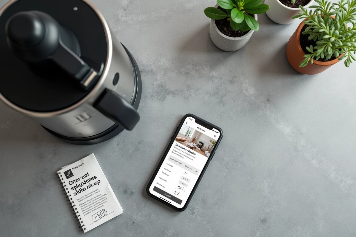 Vue aérienne d'un Thermomix entouré de comparatifs de prix, smartphone et notes de budget sur plan de travail