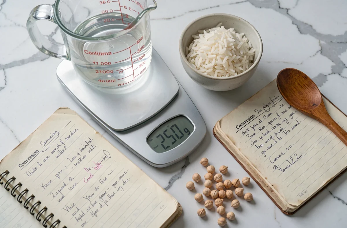 Vue en plat posé d'une balance de cuisine, un carnet de conversion grammes en litres et des ingrédients secs pour le batch cooking sur marbre blanc