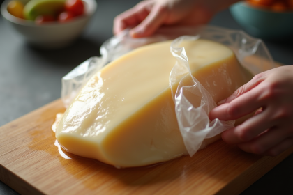 Foie gras frais sur planche en bois enroulé dans film plastique
