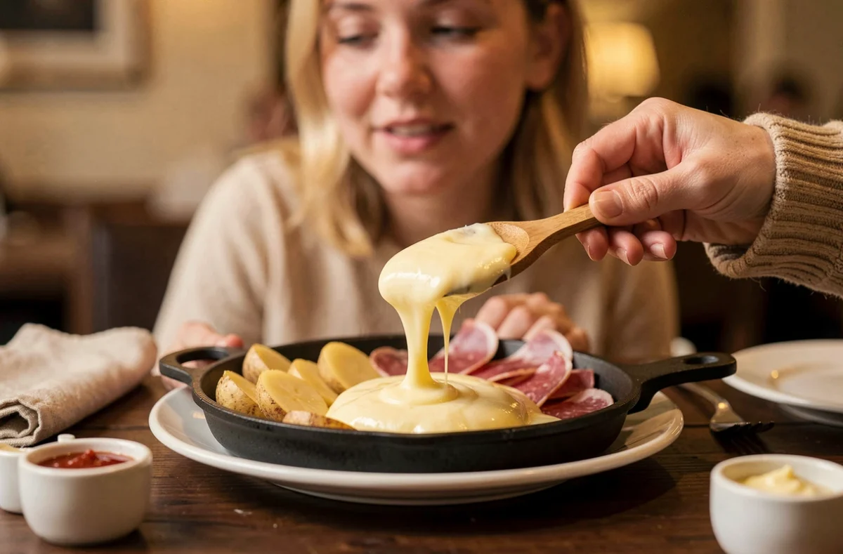 Gros plan sur des mains servant du fromage raclette fondu sur des pommes de terre lors d'un repas convivial en groupe